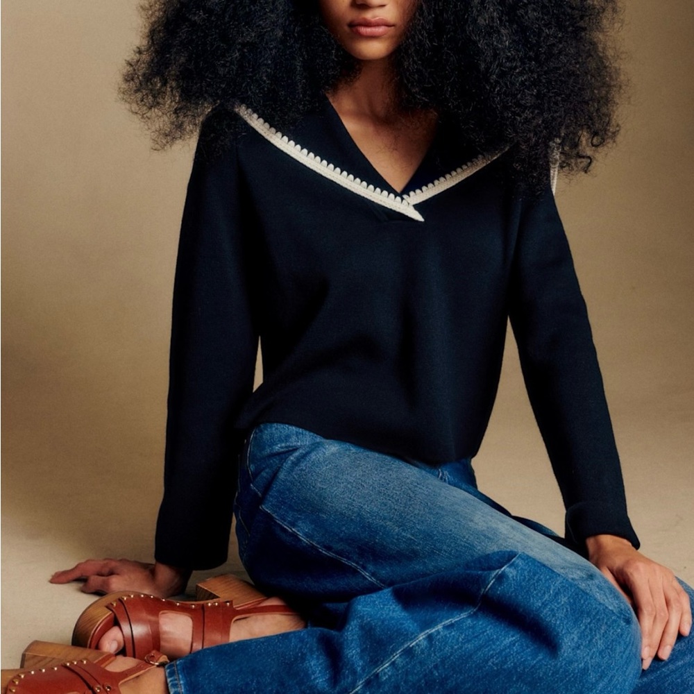 Sezane Naya Jumper Marine With Ecru Details - Size S NWT